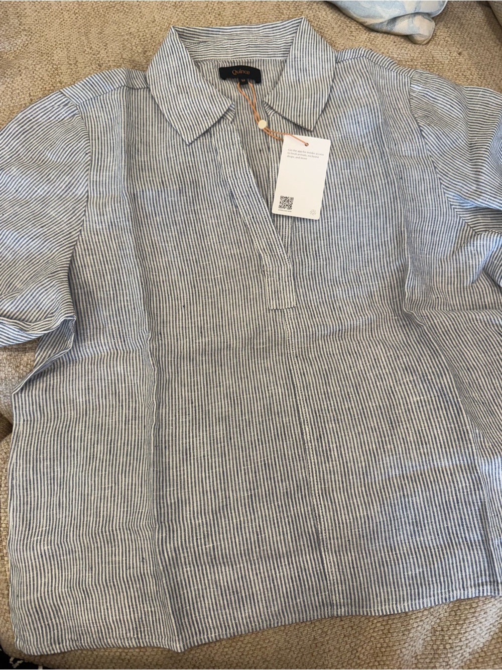 Quince Light blue Striped Linen Short Sleeve popover - Picture 3 of 3
